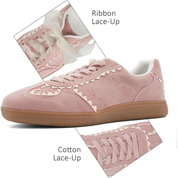 Women's Light Pink Casual Crochet Ribbon Ballet Trendy Spring Sneakers Shoes - Picture 6 of 9